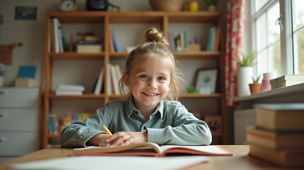 Eye-level view of a cozy homeschool learning nook with books and supplies neatly arranged
