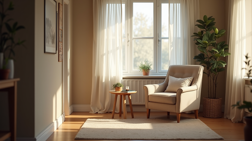 Eye-level view of a cozy living room with a comfortable chair and soft lighting