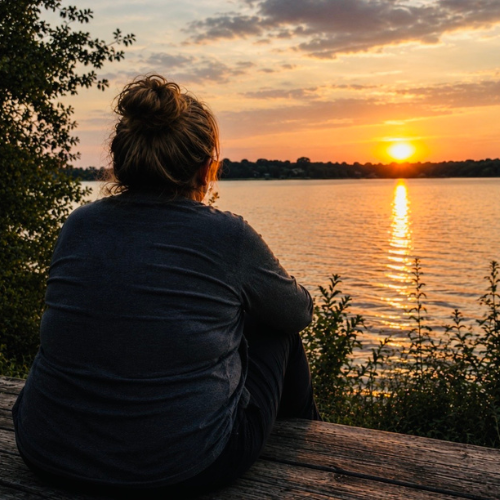 Woman sitting quietly by a lake at sunset, reflecting on grief, healing, faith, and hope after the loss of her daughter.
