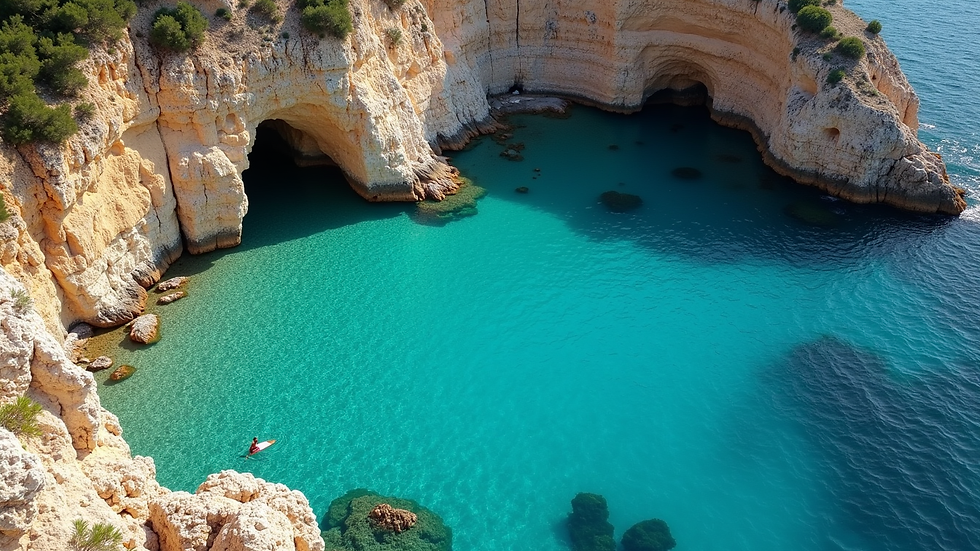 High angle view of a secluded cove with turquoise water near Cala d'Or