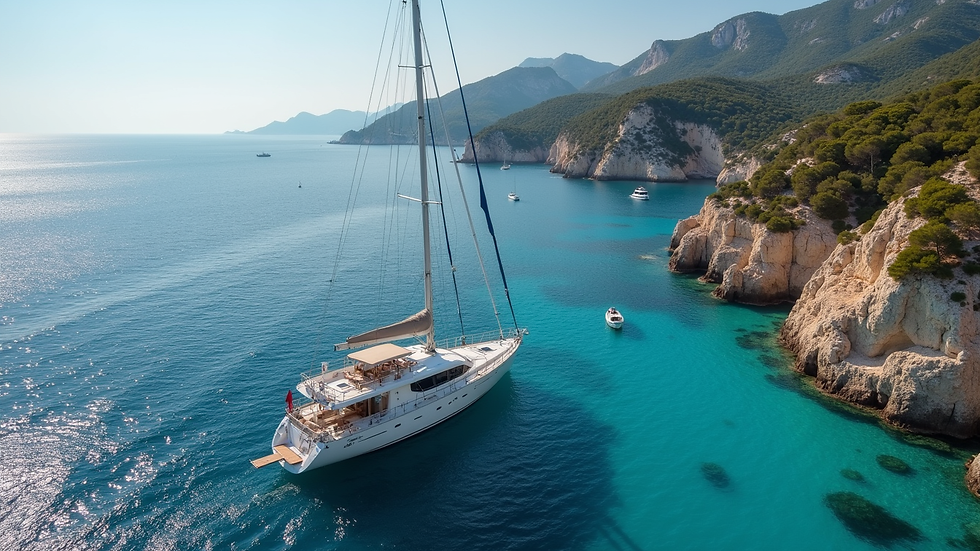 High angle view of a yacht sailing near Cala d'Or coastline