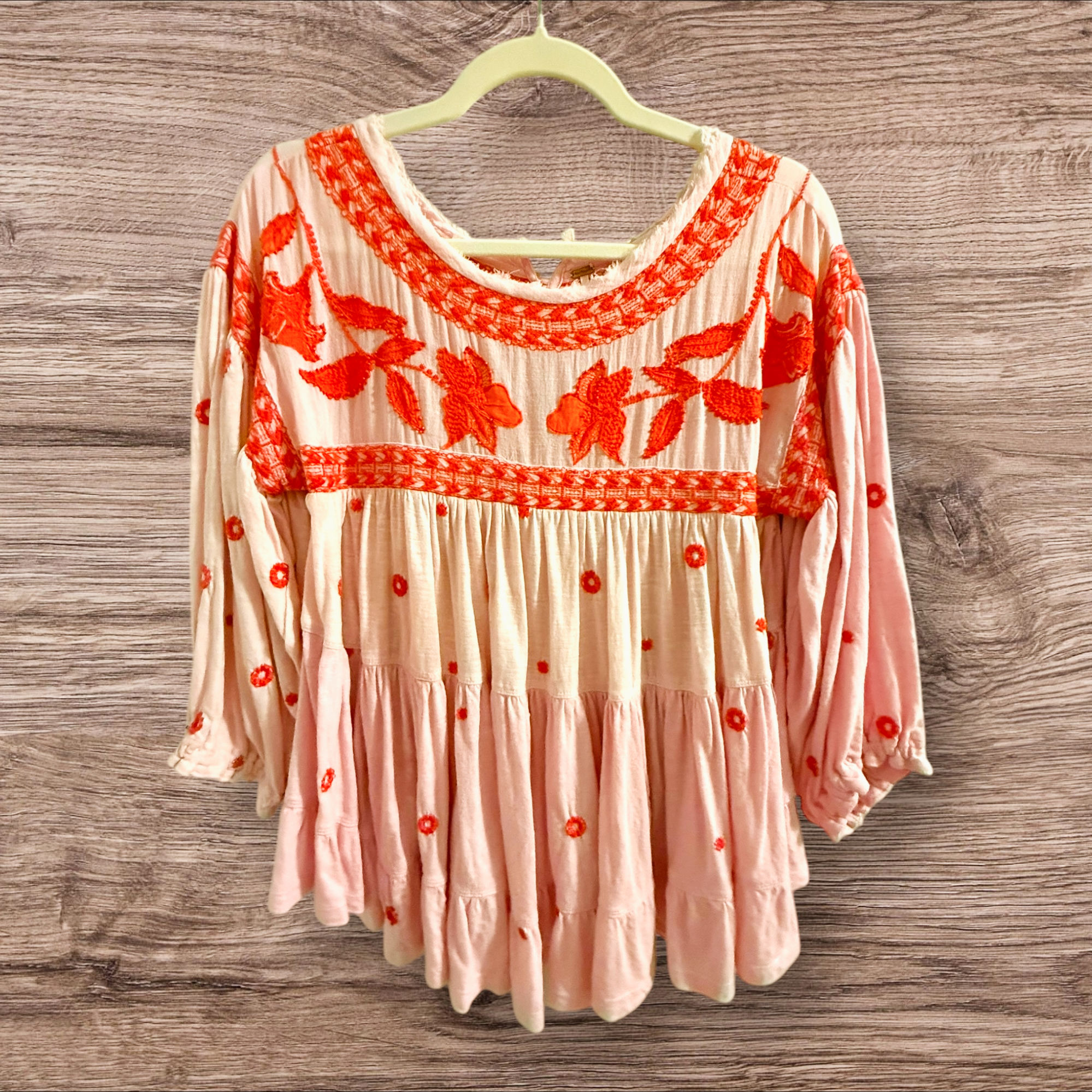 Free People Pink Embroidered Peasant Blouse Size XS