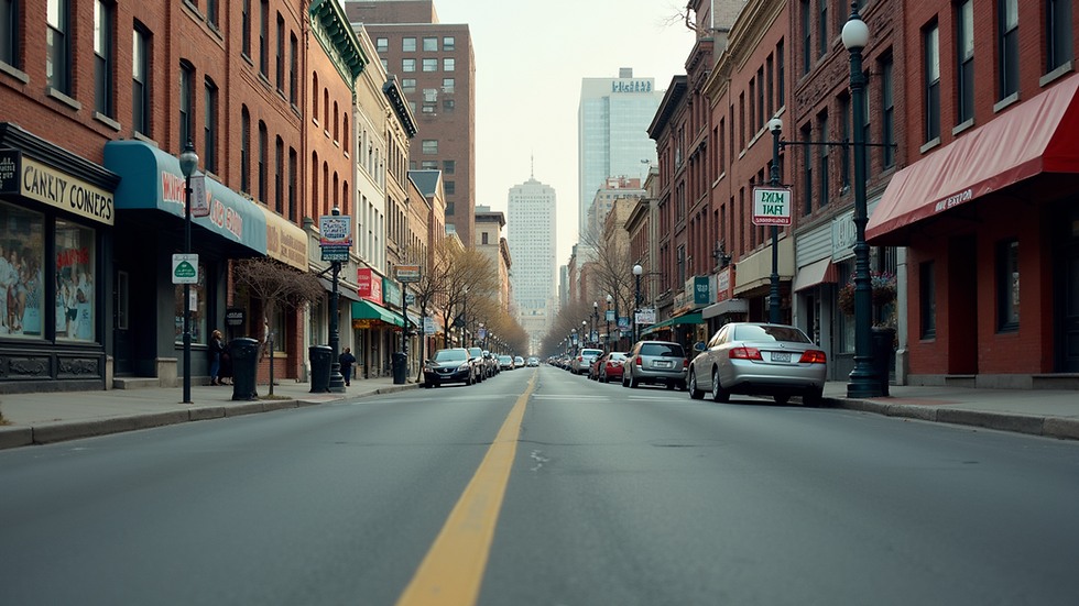 Eye-level view of a Detroit street with local businesses and storefronts