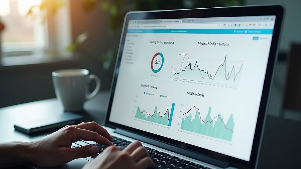 High angle view of a digital marketing dashboard with SEO and social media metrics