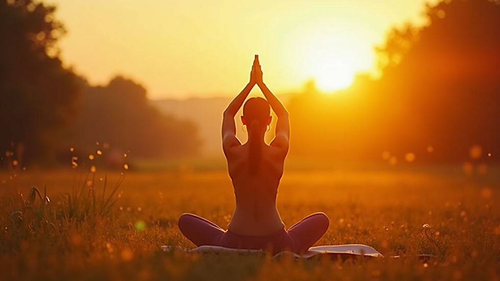 Close-up view of a person practicing yoga outdoors at sunrise