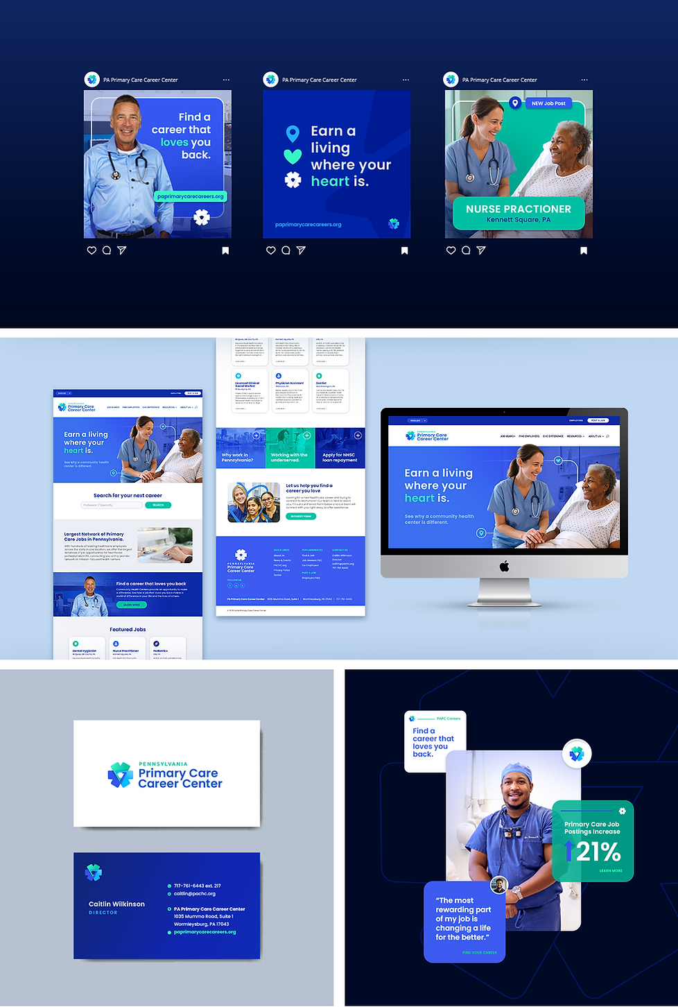 PACHC branding collateral including digital ads, website design, and business cards.