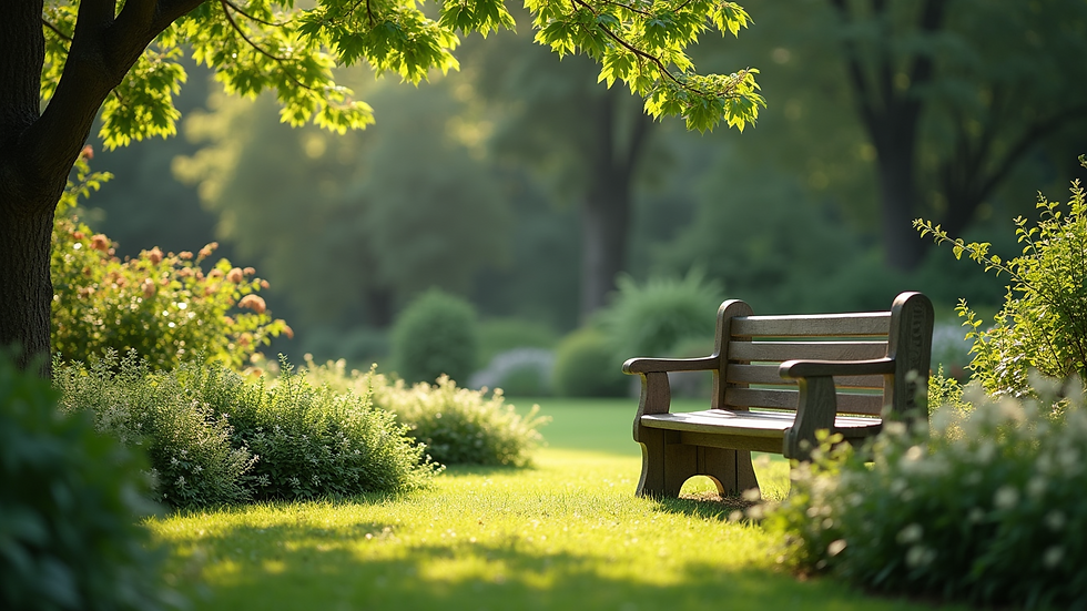 Eye-level view of a serene garden with a bench for relaxation