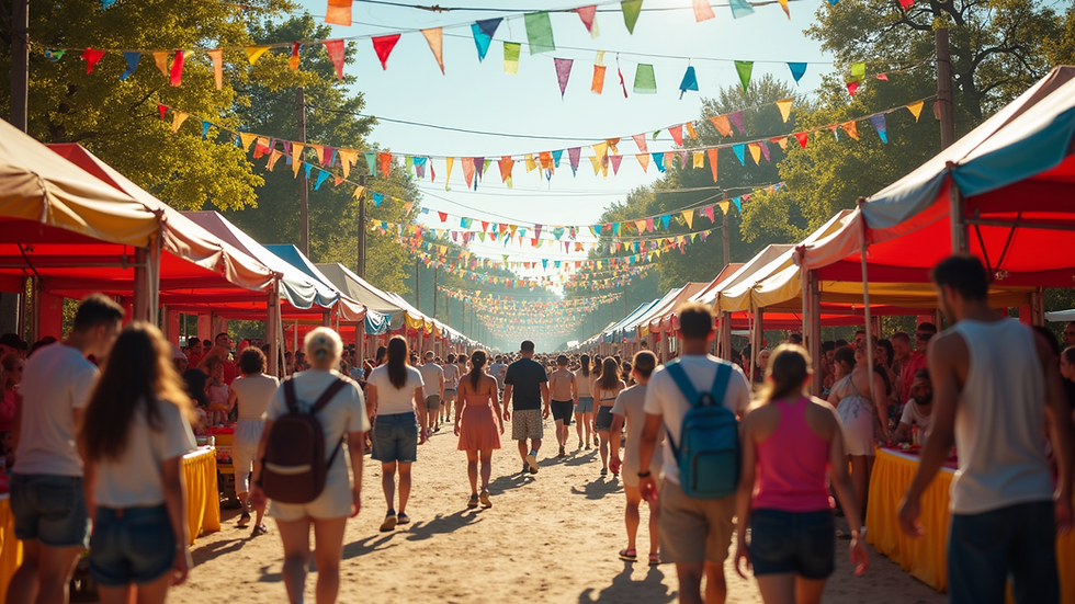Eye-level view of a vibrant outdoor festival with colorful decorations
