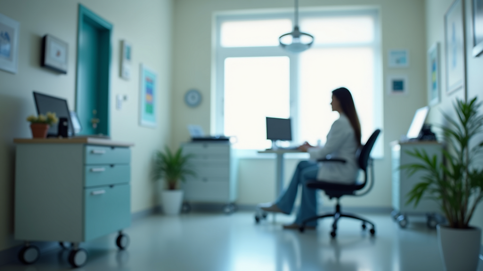 Eye-level view of a calm private consultation room with medical equipment