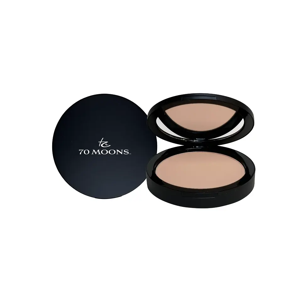 70 MOONS Dual Blend Powder Foundation in sleek compact – adjustable matte finish for all skin types, vegan formula