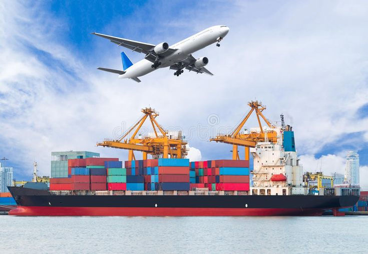 Cargo Plane Flying Above Ship Port for Logistic Import Export Stock Image - Image of inter