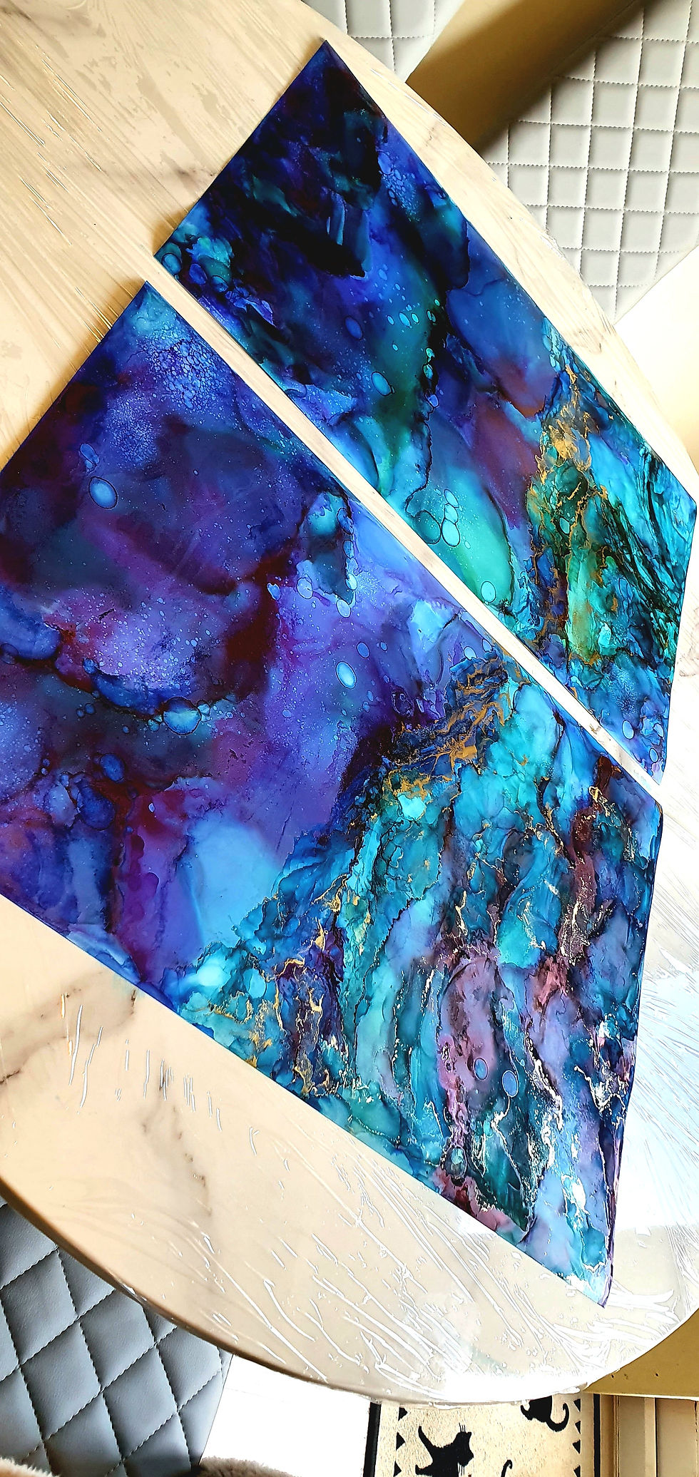 Thumbnail: 2 x Large Blue, Green & Gold Ink Metallic Painting 