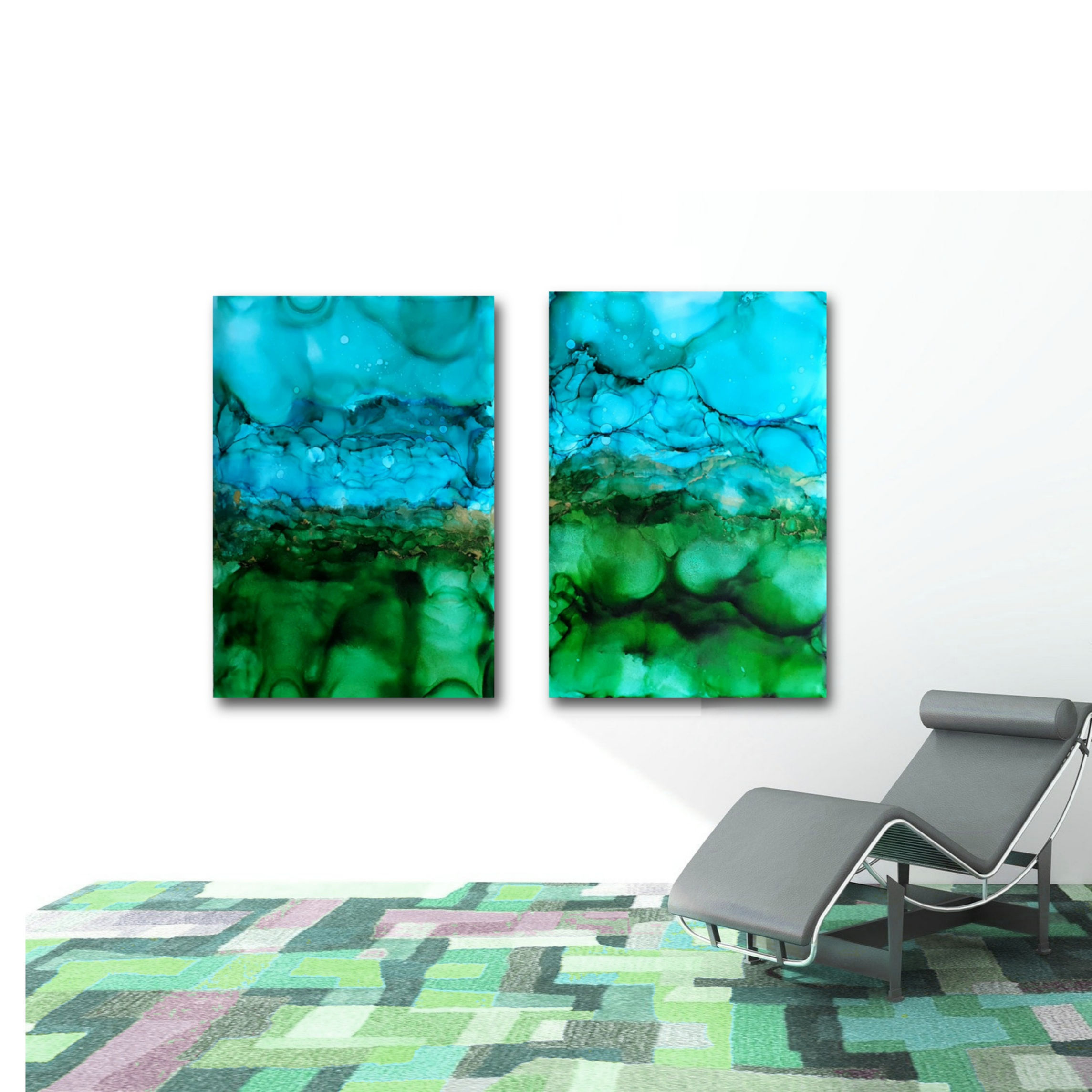 2 x Blue & Green Large Ink Paintings