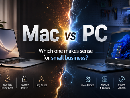 Mac vs PC comparison banner showing a Mac laptop and Windows PC setup, representing the pros and cons of each platform for small business use.