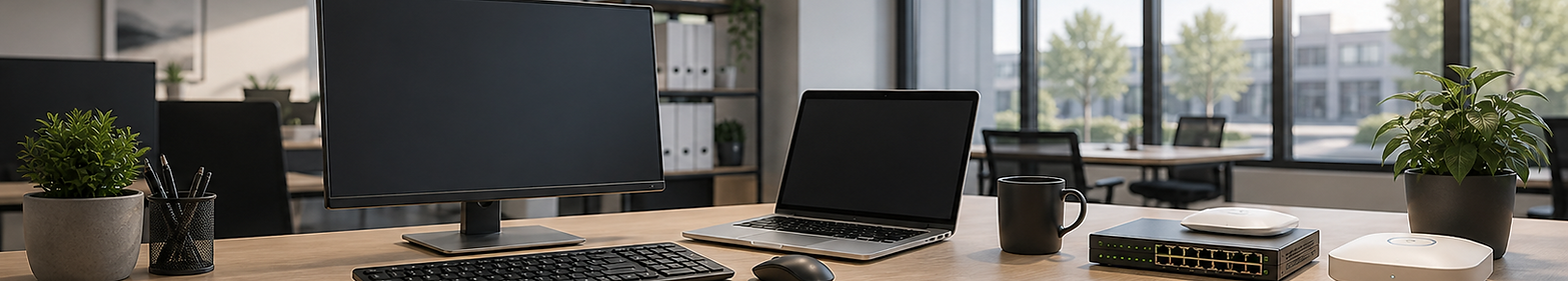 Modern office desk setup with monitor, laptop and network equipment representing business IT support in Dandenong
