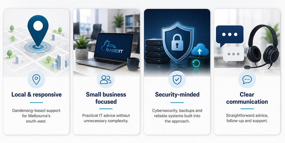 A clean four-panel business graphic for Rabbit MSP. The panels highlight local and responsive support, small business focused IT advice, security-minded service, and clear communication. Each section uses a simple visual, including a map pin, laptop, security shield and headset, with blue and teal branding on a light background.