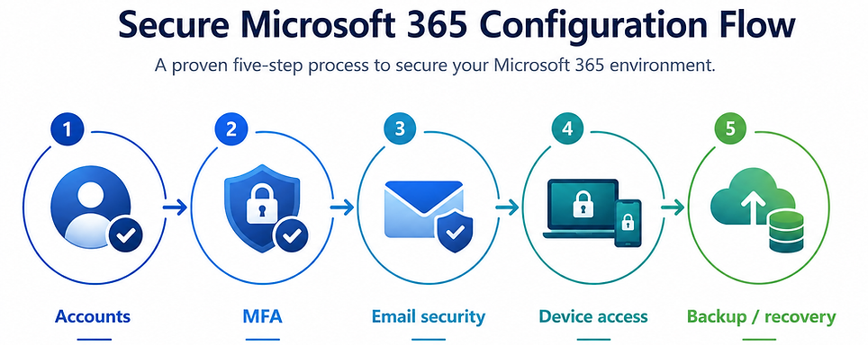 Secure Microsoft 365 configuration flow graphic for Rabbit MSP showing account management, multi-factor authentication, email security, device access control and backup recovery for small business Microsoft 365 environments.