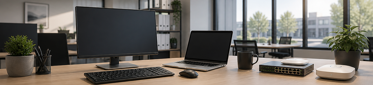 Modern office desk setup with monitor, laptop and network equipment representing business IT support in Keysborough