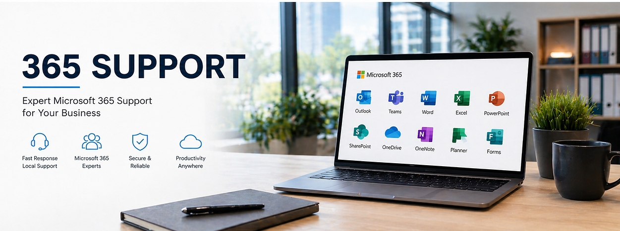 Microsoft 365 business support workspace with laptop and cloud-based productivity tools