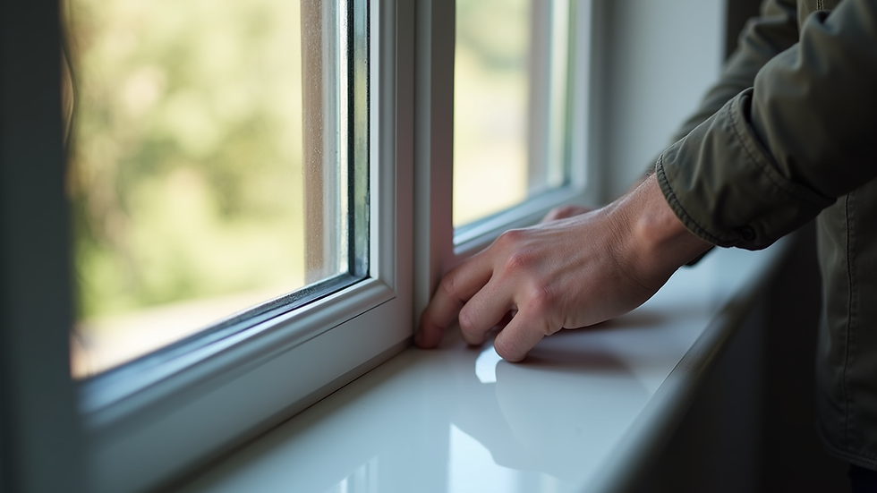 Close-up view of a professional installing a window frame