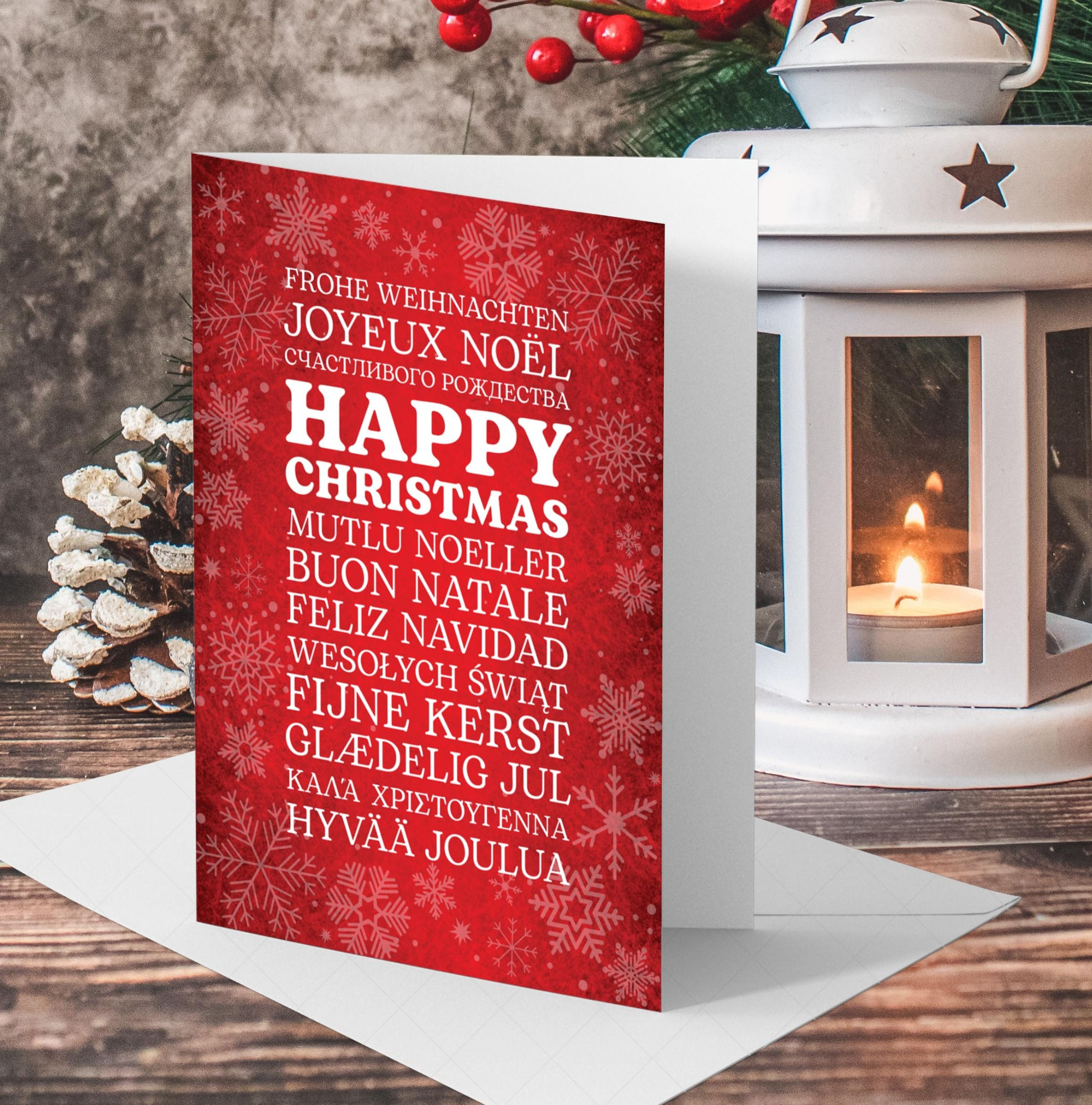 Red European Language Christmas Card
