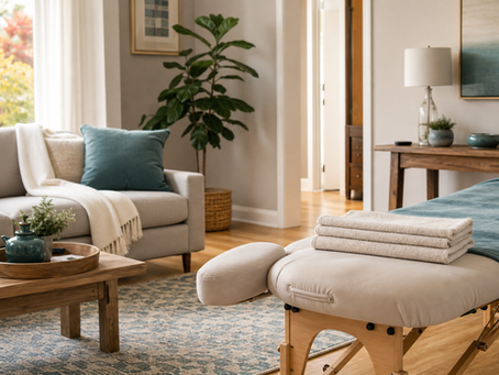 Calm in-home massage setup with folded towels, soft teal blanket, natural wood furniture, and warm daylight.