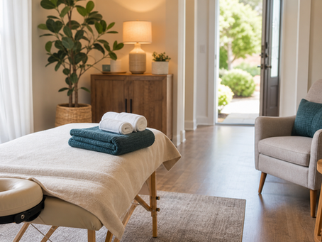 Prepared living room with massage table, folded towels, a comfortable chair, and a clear walkway for an in-home massage visit in Brampton.