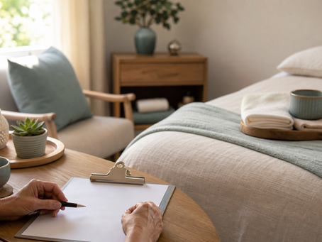Warm in-home massage setup with folded towels, a blank consent form, natural light, and a comfortable chair nearby.
