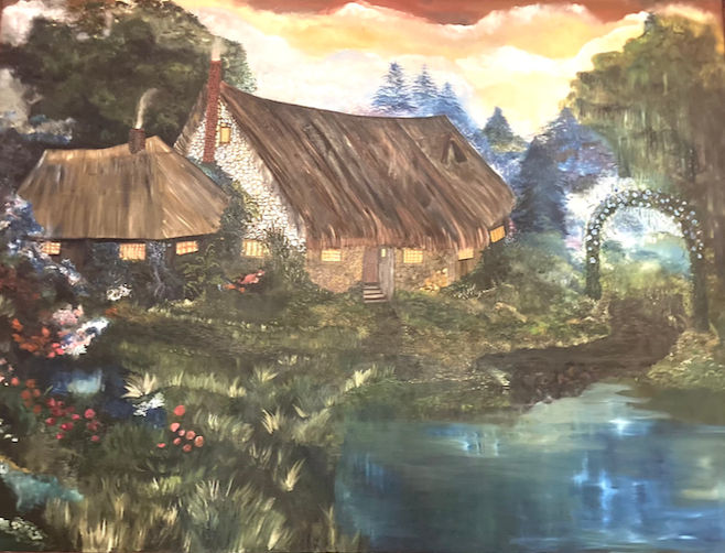 Pintura al óleo con cabaña idílica.