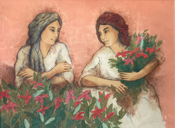 Mujeres con bugambilias, Antonio Galván, Litografía firmada, 1982 (P.E).
