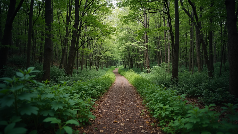 High angle view of a scenic hiking trail surrounded by dense trees