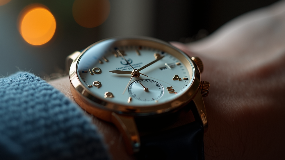 Close-up view of a wristwatch showing exactly two hours