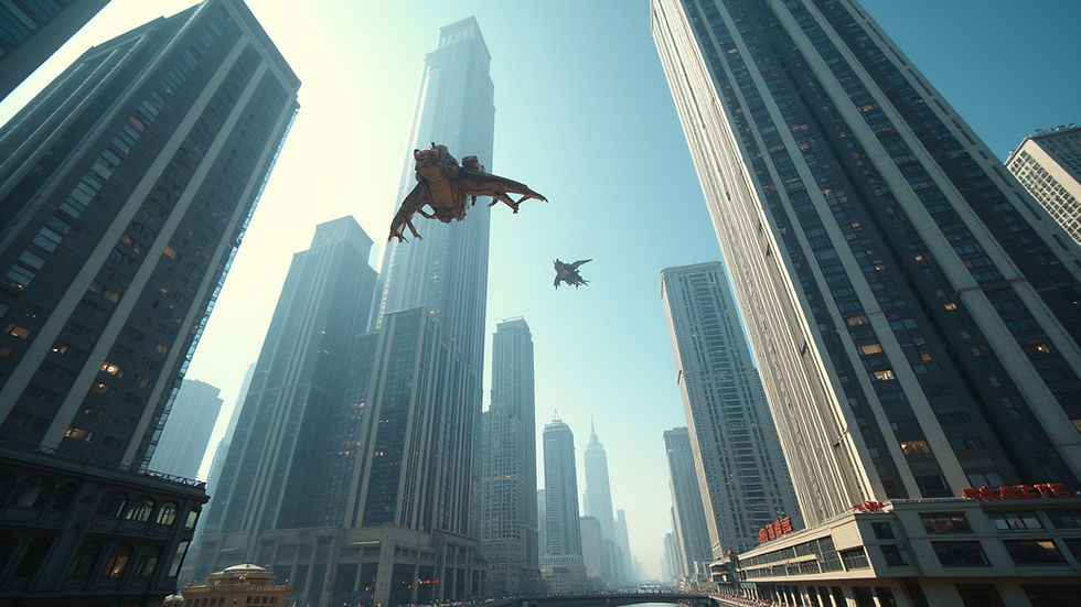 Eye-level view of a futuristic cityscape with flying vehicles and towering skyscrapers