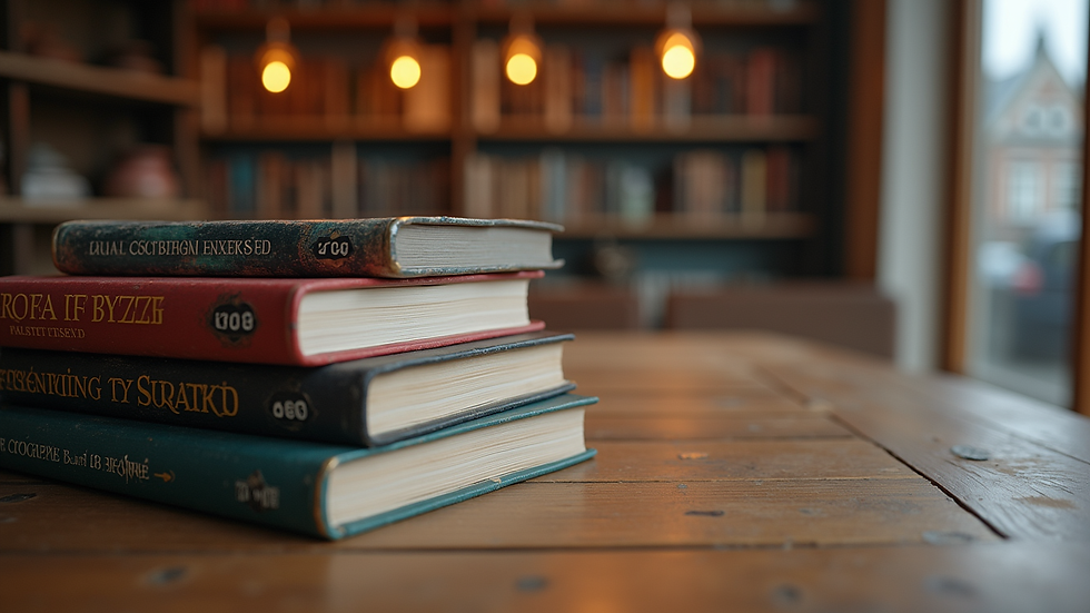 Eye-level view of a stack of sci-fi books on a wooden table