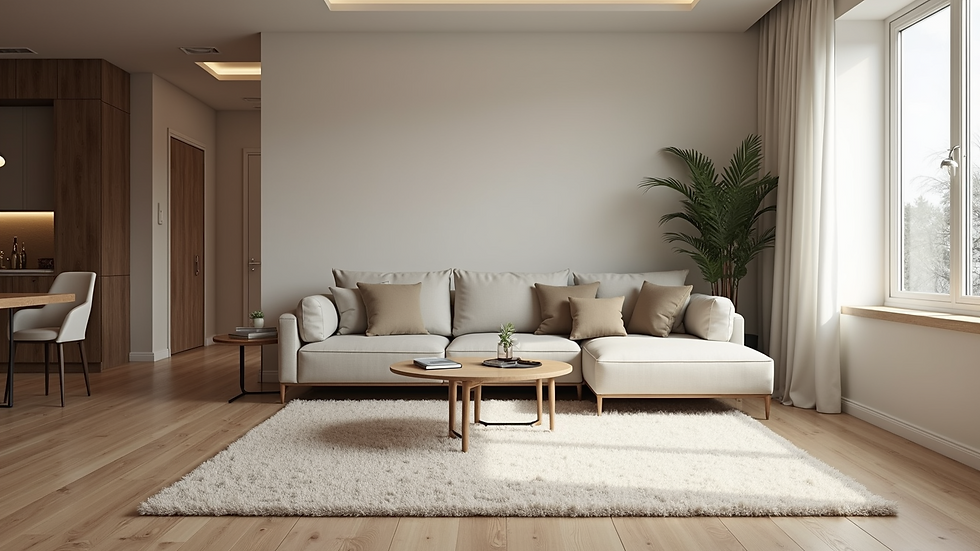 Wide angle view of a modern living room with a clean rug