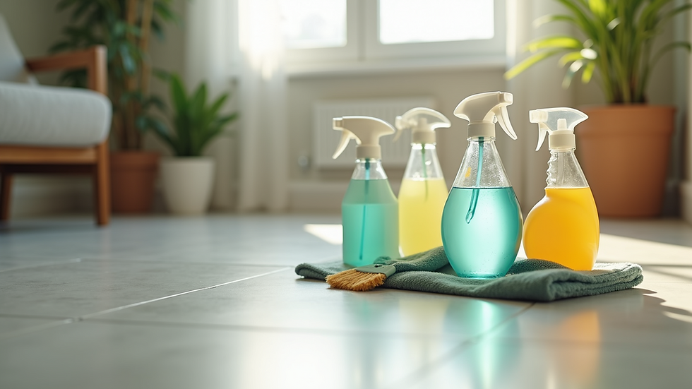 Close-up of eco-friendly cleaning products and tools on a floor
