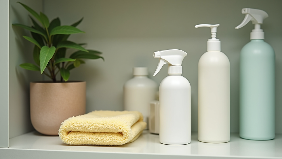 Close-up view of eco-friendly cleaning products arranged on a shelf