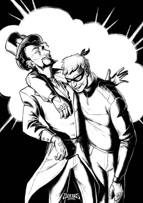Two shaded monochrome halfbodies of supervillains Martin and Albert, laughing in front of an explosion.