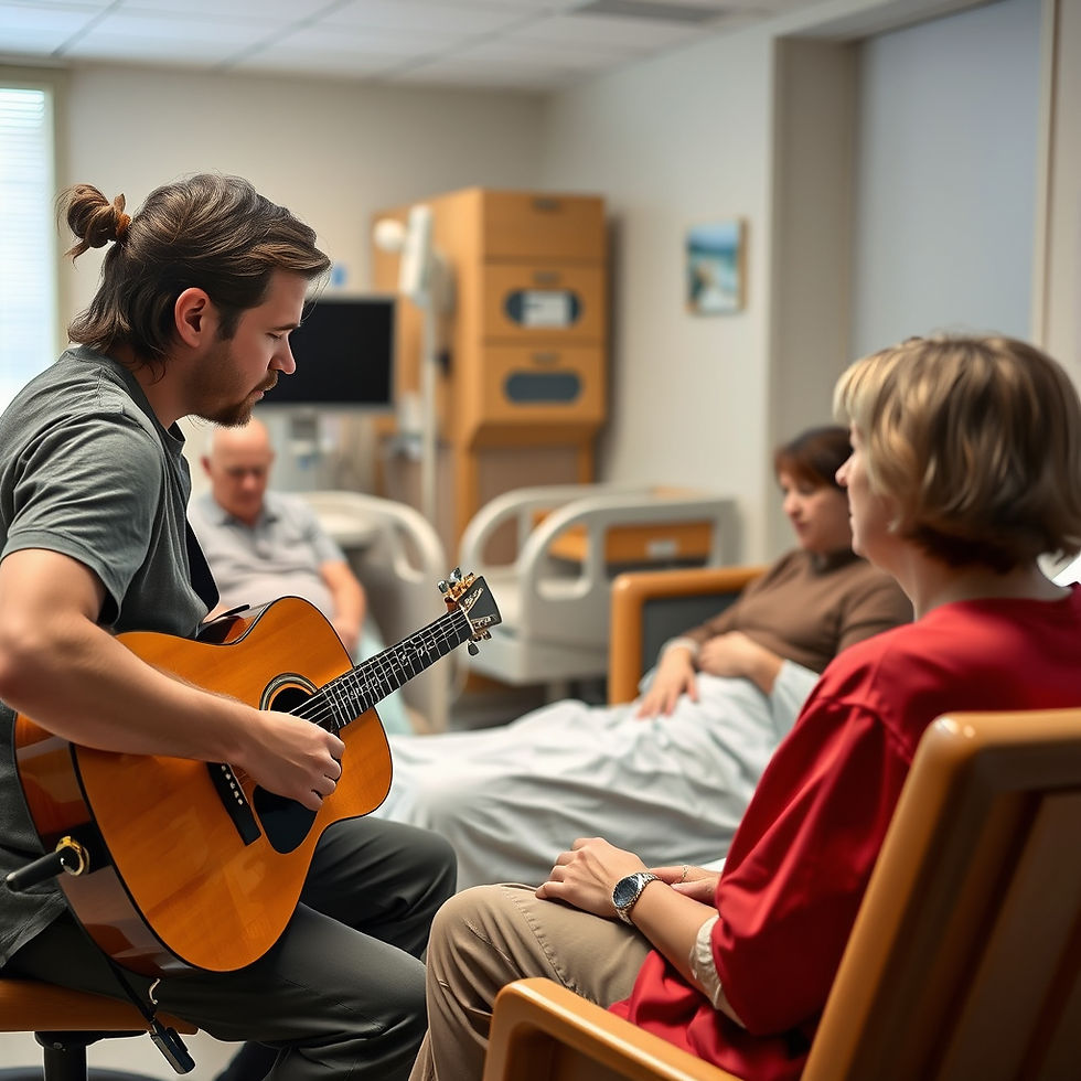 High angle view of a music therapist playing the guitar