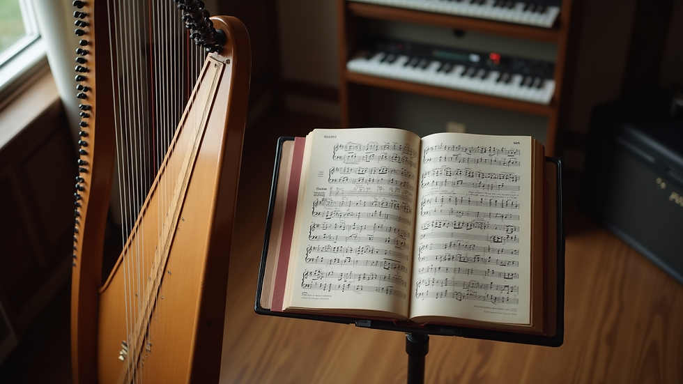 High angle view of autoharp with sheet music on a stand