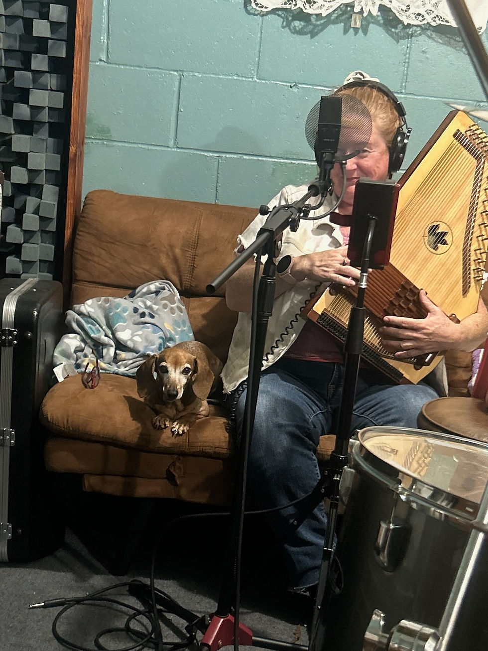 Close-up view of musical instruments in a recording studio