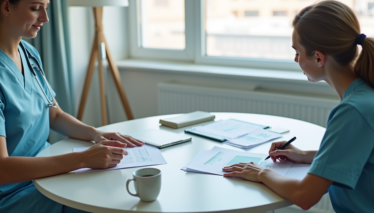 Eye-level view of a nurse coach explaining health information to a patient in a cozy consultation room