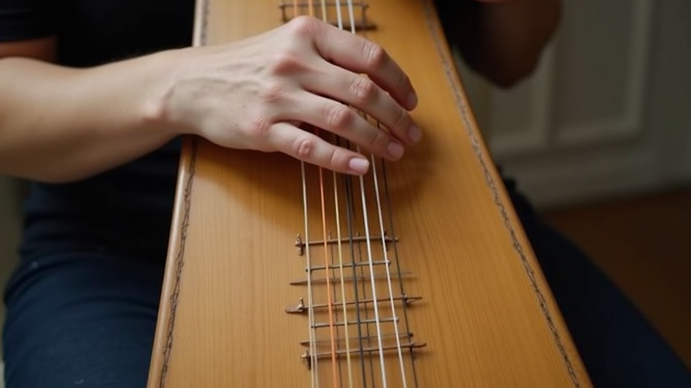 Close-up view of autoharp strings and chord bars