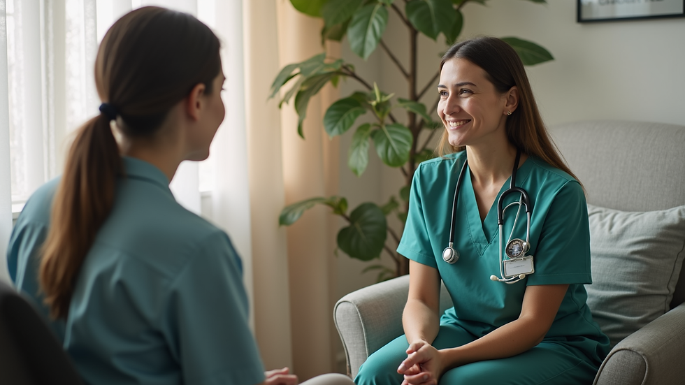 Eye-level view of a nurse coach sitting with a client in a cozy consultation room