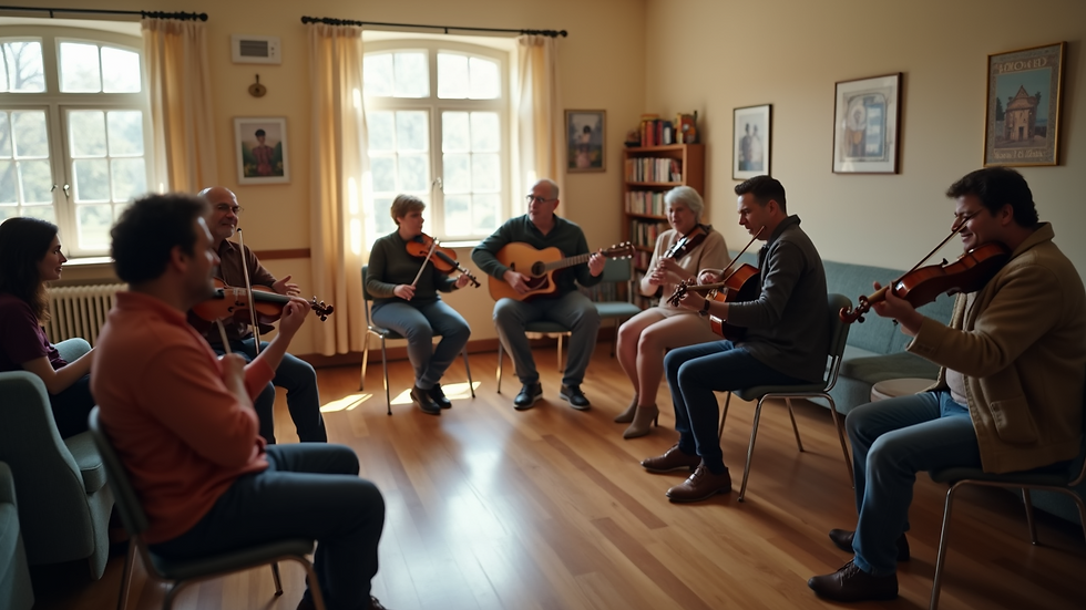 High angle view of a music therapy group session in a community center