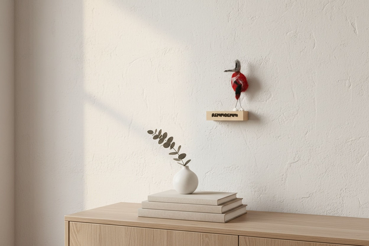 Filz Vogel „Hedi“ auf einem Ahornblock mit Statement „Remmidemmi“