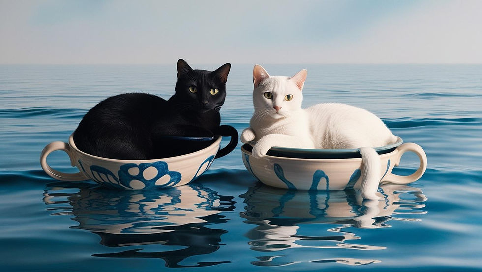 Two cats, One all black and one all white cat, floating in pottery bowls and mugs, on the 