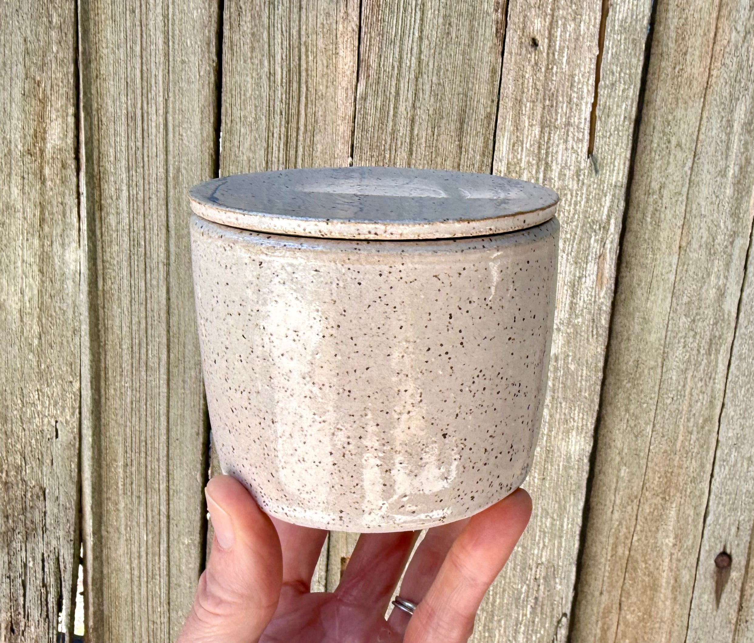 White speckled butter crock