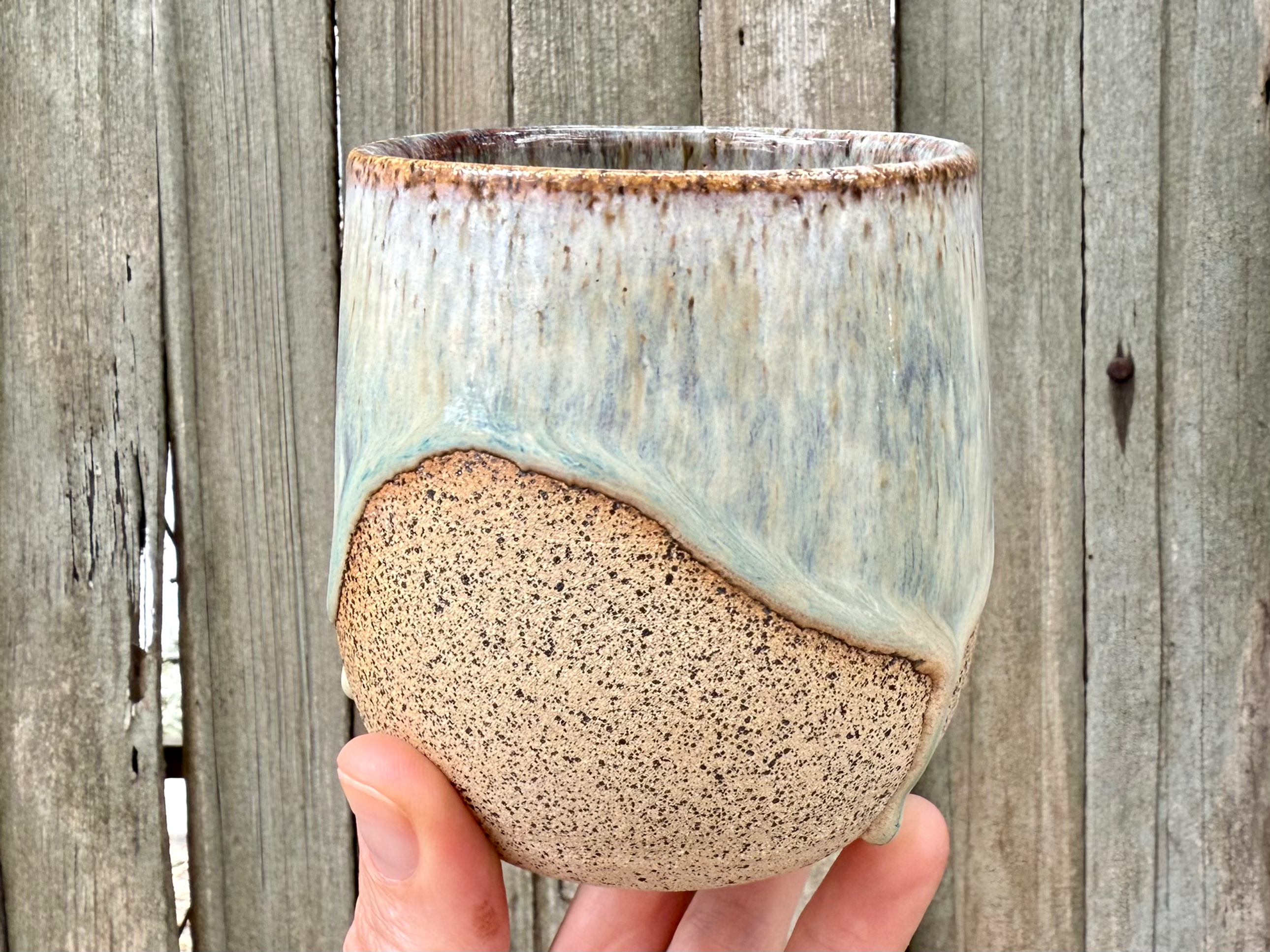 Creamy drippy mug w/speckled clay