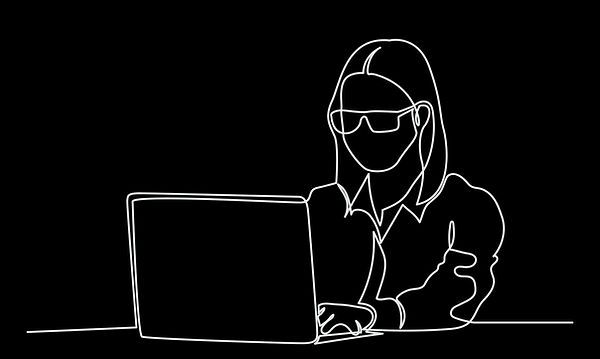 A line drawing of a woman wearing eyeglasses sits at a laptop